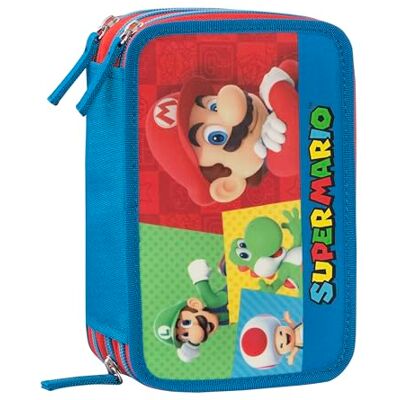 Franco Cosimo Panini Super Mario Officiële Super Mario schooltas, etui met 3 vakken voor kinderen en meisjes, met schrijfwarenset, blauwe uitwisbare pen en praktische ritssluiting, 20 x Franco Cosimo Panini Super Mario Officiële Super Mario schooltas, etui met 3 vakken voor kinderen en meisjes, met schrijfwarenset, blauwe uitwisbare pen en praktische ritssluiting, 20 x