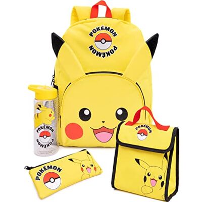 Pokémon Pokemon Pikachu Rugzak en lunchtrommel set voor kinderen 4 stuks Pokeball 3D Ears Lunchtrommel, etui, waterflesje, Geel. Pokémon Pokemon Pikachu Rugzak en lunchtrommel set voor kinderen 4 stuks Pokeball 3D Ears Lunchtrommel, etui, waterflesje, Geel.