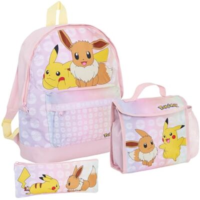 Pokémon rugzak voor meisjes + lunchtas + 3-delig etui Pikachu en Eevee, roze, L, rugzak Pokémon rugzak voor meisjes + lunchtas + 3-delig etui Pikachu en Eevee, roze, L, rugzak