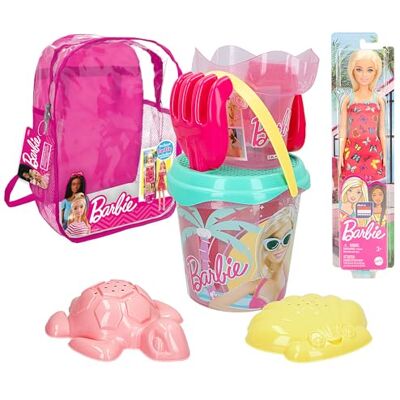 COLORBABY 77387 Barbie Strandset voor kinderen met schep, hark, gieter en accessoires, strandrugzak voor kinderen, rugzak met speelgoed COLORBABY 77387 Barbie Strandset voor kinderen met schep, hark, gieter en accessoires, strandrugzak voor kinderen, rugzak met speelgoed