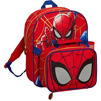 Marvel Spiderman-rugzak met coole lunchtas en flessenhouder voor jongens, bijpassende 2-delig, rood, één maat, rugzak Marvel Spiderman-rugzak met coole lunchtas en flessenhouder voor jongens, bijpassende 2-delig, rood, één maat, rugzak