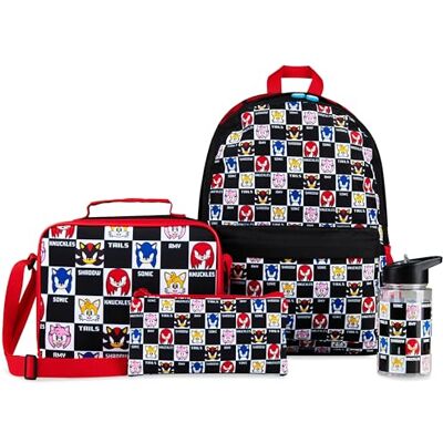 Get Trend Sonic The Hedgehog Set van 4 kinderrugzakken met 400 ml waterfles en geïsoleerde potloodetui, lunchtas voor tienermeisjes, knokkels, reisschoolbenodigdheden Get Trend Sonic The Hedgehog Set van 4 kinderrugzakken met 400 ml waterfles en geïsoleerde potloodetui, lunchtas voor tienermeisjes, knokkels, reisschoolbenodigdheden