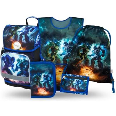 Baagl Schooltas voor jongens en meisjes, 5-delige set (Ergo schooltas voor 1e klas, etui, gymtas, schort, borsttas), basisschooltas, ergonomische schoolrugzak, 19 liter, Robots, Schooltas set Baagl Schooltas voor jongens en meisjes, 5-delige set (Ergo schooltas voor 1e klas, etui, gymtas, schort, borsttas), basisschooltas, ergonomische schoolrugzak, 19 liter, Robots, Schooltas set