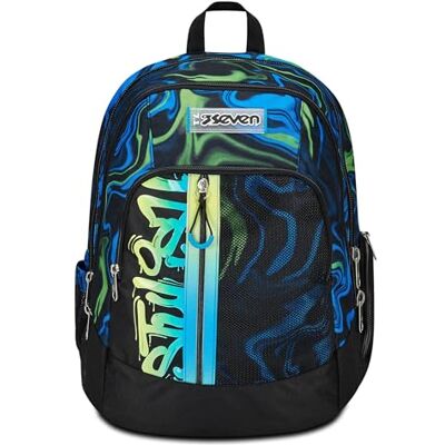 Seven Advanced schoolrugzak, zwart/blauw, multi-shade boy, rugzak met dubbel vak met draadloze luidspreker, pc- of tabletvak, flessenhouder en organizer, rugzak, zwart. Seven Advanced schoolrugzak, zwart/blauw, multi-shade boy, rugzak met dubbel vak met draadloze luidspreker, pc- of tabletvak, flessenhouder en organizer, rugzak, zwart.