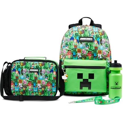 Minecraft Kinderrugzak, 5-delig, waterfles, geïsoleerd, Kawaii, tas met trekkoord of koord en sleutelhanger, AOP-groen Minecraft Kinderrugzak, 5-delig, waterfles, geïsoleerd, Kawaii, tas met trekkoord of koord en sleutelhanger, AOP-groen