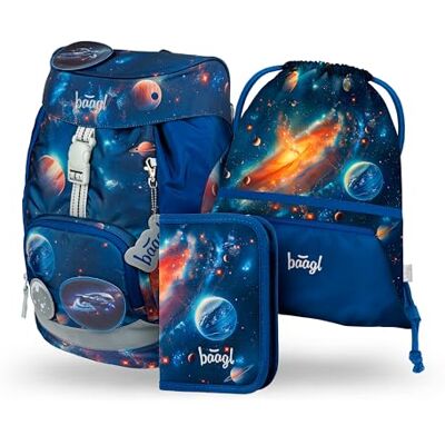 Baagl Schooltas voor jongens 1e klas Airy schooltas 3-delige set, basisschoolrugzak voor kinderen, schooltas voor school, tornister, Ruimte, M Baagl Schooltas voor jongens 1e klas Airy schooltas 3-delige set, basisschoolrugzak voor kinderen, schooltas voor school, tornister, Ruimte, M