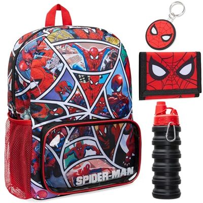 Marvel Spiderman Schoolrugzak met waterfles en schooltas, lunchtas of sleutelhanger, portemonnee, 4-delige set, cadeaus voor kinderen, meerkleurig, 39 × 28 × 12,5 cm, Spiderman Marvel Spiderman Schoolrugzak met waterfles en schooltas, lunchtas of sleutelhanger, portemonnee, 4-delige set, cadeaus voor kinderen, meerkleurig, 39 × 28 × 12,5 cm, Spiderman
