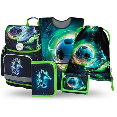 Baagl Schooltas voor jongens en meisjes, 5-delige set (Ergo schooltas voor 1e klas, etui, gymtas, schort, borsttas), basisschooltas, ergonomische schoolrugzak, 19 liter, Voetbal speler, Schooltas set Baagl Schooltas voor jongens en meisjes, 5-delige set (Ergo schooltas voor 1e klas, etui, gymtas, schort, borsttas), basisschooltas, ergonomische schoolrugzak, 19 liter, Voetbal speler, Schooltas set