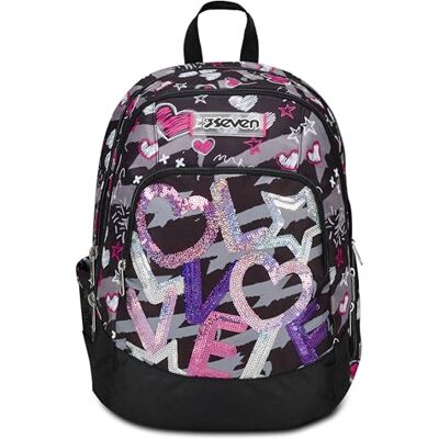 Seven Geavanceerde schoolrugzak, fuchsia-zwart, Draft Heart, rugzak met twee vakken voor computer of tablet, flessenhouder en organizer, schoolrugzak, zwart. Seven Geavanceerde schoolrugzak, fuchsia-zwart, Draft Heart, rugzak met twee vakken voor computer of tablet, flessenhouder en organizer, schoolrugzak, zwart.