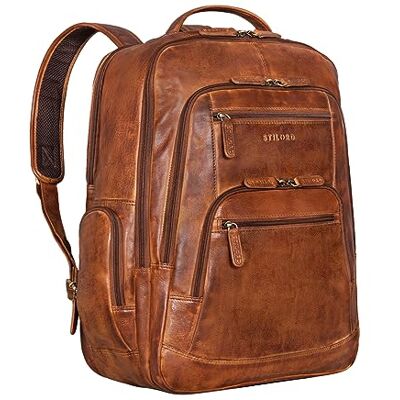 STILORD "Igor" lederen rugzak voor dames en heren, groot model, laptoprugzak, 45,7 cm, zakelijke tas, werk, kantoor, studenten en vrije tijd, kleur: cognac STILORD "Igor" lederen rugzak voor dames en heren, groot model, laptoprugzak, 45,7 cm, zakelijke tas, werk, kantoor, studenten en vrije tijd, kleur: cognac