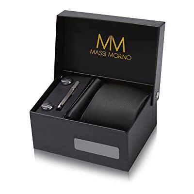 Massi Morino Stropdas set met manchetknopen, pochet en dasspeld – luxe stropdassen set voor heren in Geschenkdoos Mens tie set, Zwart, one size one size Massi Morino Stropdas set met manchetknopen, pochet en dasspeld – luxe stropdassen set voor heren in Geschenkdoos Mens tie set, Zwart, one size one size