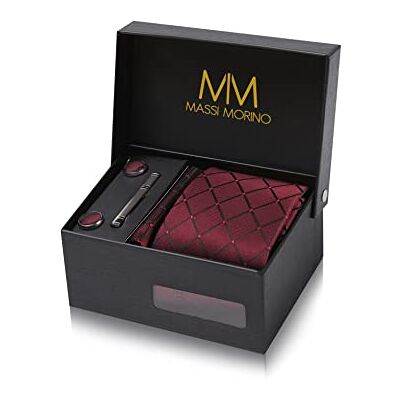 Massi Morino Stropdas set met manchetknopen, pochet en dasspeld – luxe stropdassen set voor heren in Geschenkdoos Mens tie set, wijnrood vierkant, one size one size Massi Morino Stropdas set met manchetknopen, pochet en dasspeld – luxe stropdassen set voor heren in Geschenkdoos Mens tie set, wijnrood vierkant, one size one size