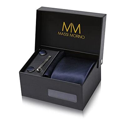 Massi Morino Stropdas set met manchetknopen, pochet en dasspeld – luxe stropdassen set voor heren in Geschenkdoos Mens tie set, Donkerblauw, one size one size Massi Morino Stropdas set met manchetknopen, pochet en dasspeld – luxe stropdassen set voor heren in Geschenkdoos Mens tie set, Donkerblauw, one size one size