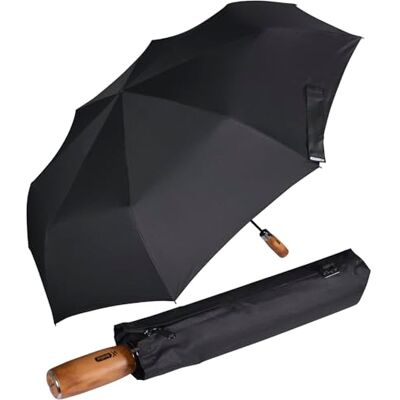 iX-brella IX de Brella Monsieur XXL display 121 cm met echt houten handvat en automatische sluiting, Zwart met stanggreep iX-brella IX de Brella Monsieur XXL display 121 cm met echt houten handvat en automatische sluiting, Zwart met stanggreep