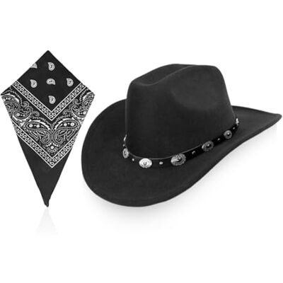 HDGSAFD 1 x brede rand vilten cowboyhoed, multifunctionele vierkante sjaal, retro kledingaccessoires, zwart, M S-M HDGSAFD 1 x brede rand vilten cowboyhoed, multifunctionele vierkante sjaal, retro kledingaccessoires, zwart, M S-M