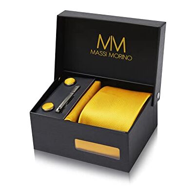 Massi Morino Stropdas set met manchetknopen, pochet en dasspeld – luxe stropdassen set voor heren in Geschenkdoos Mens tie set, Geel, one size one size Massi Morino Stropdas set met manchetknopen, pochet en dasspeld – luxe stropdassen set voor heren in Geschenkdoos Mens tie set, Geel, one size one size