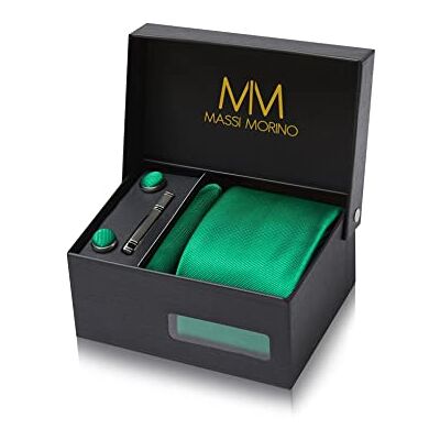 Massi Morino Stropdas set Smaragdgroen met manchetknopen, pochet en dasspeld – luxe stropdassen set voor heren in Geschenkdoos Mens tie set Groen, Groen, one size one size Massi Morino Stropdas set Smaragdgroen met manchetknopen, pochet en dasspeld – luxe stropdassen set voor heren in Geschenkdoos Mens tie set Groen, Groen, one size one size