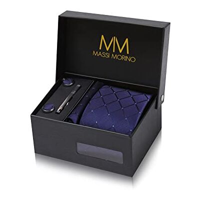 Massi Morino Stropdas set met manchetknopen, pochet en dasspeld – luxe stropdassen set voor heren in Geschenkdoos Mens tie set, Blauw vierkant, one size one size Massi Morino Stropdas set met manchetknopen, pochet en dasspeld – luxe stropdassen set voor heren in Geschenkdoos Mens tie set, Blauw vierkant, one size one size