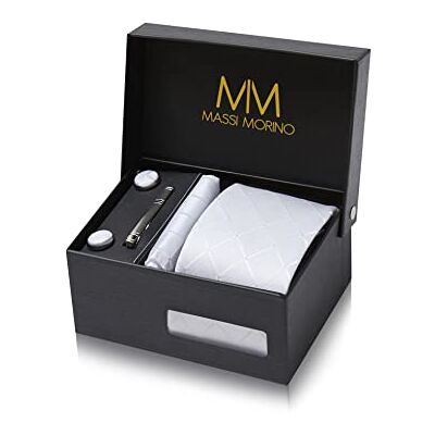 Massi Morino Stropdas set met manchetknopen, pochet en dasspeld – luxe stropdassen set voor heren in Geschenkdoos Mens tie set, Wit vierkant, one size one size Massi Morino Stropdas set met manchetknopen, pochet en dasspeld – luxe stropdassen set voor heren in Geschenkdoos Mens tie set, Wit vierkant, one size one size