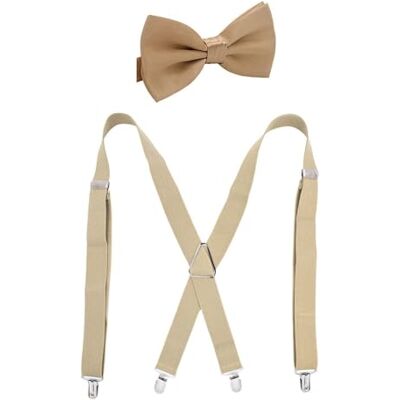 SLEEKEE Bretels en vlinderdas voor heren, elastische bandjes, kledingaccessoires, beige, M Medium SLEEKEE Bretels en vlinderdas voor heren, elastische bandjes, kledingaccessoires, beige, M Medium