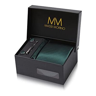 Massi Morino Stropdas set met manchetknopen, pochet en dasspeld – luxe stropdassen set voor heren in Geschenkdoos Mens tie set, Groen, one size one size Massi Morino Stropdas set met manchetknopen, pochet en dasspeld – luxe stropdassen set voor heren in Geschenkdoos Mens tie set, Groen, one size one size