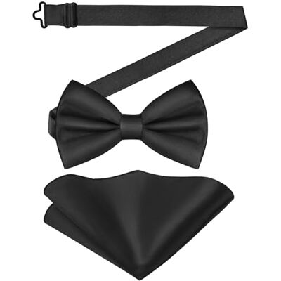 URAQT Klassieke voorgeknoopte vlinderdas in effen kleur en vierkante zakdoek voor heren, vlinderdas en satijnen zakdoek, verstelbare formele vlinderdas voor feesten, bruiloften, zwart. Regular size URAQT Klassieke voorgeknoopte vlinderdas in effen kleur en vierkante zakdoek voor heren, vlinderdas en satijnen zakdoek, verstelbare formele vlinderdas voor feesten, bruiloften, zwart. Regular size