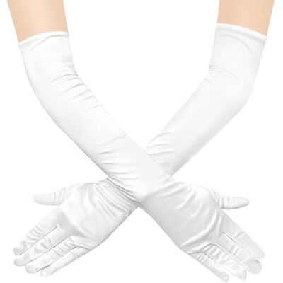 JUNART Lange satijnen handschoenen, elegante ellebooglengte handschoenen voor operafeest, bruiloft, avondjurk, carnavalskostuum, dans, Wit 1 paar Taille unique JUNART Lange satijnen handschoenen, elegante ellebooglengte handschoenen voor operafeest, bruiloft, avondjurk, carnavalskostuum, dans, Wit 1 paar Taille unique