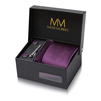 Massi Morino Stropdas set Donker Paars met manchetknopen, pochet en dasspeld – luxe stropdassen set voor heren in Geschenkdoos Mens tie set Lila Paars, lila, One Size One Size Massi Morino Stropdas set Donker Paars met manchetknopen, pochet en dasspeld – luxe stropdassen set voor heren in Geschenkdoos Mens tie set Lila Paars, lila, One Size One Size