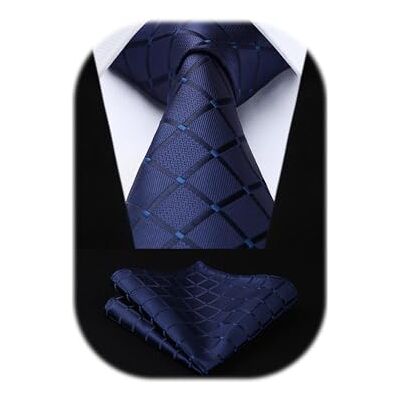 HISDERN Set bestaande uit een geruite stropdas en een pochet voor heren, formele outfit, A-marineblauw one size HISDERN Set bestaande uit een geruite stropdas en een pochet voor heren, formele outfit, A-marineblauw one size