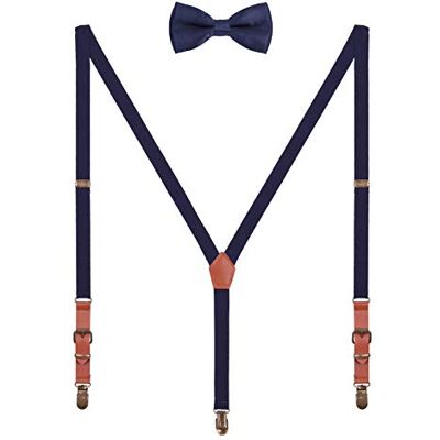 WANYING 2 cm bretels en vlinderdas voor heren, kunstleer, 3 clips, retro messing bandjes, verstelbare elastische bandjes, voor een lengte van 140-190 cm, Navy Blauw 2.0×115cm (pour de grandeur 140-190cm) WANYING 2 cm bretels en vlinderdas voor heren, kunstleer, 3 clips, retro messing bandjes, verstelbare elastische bandjes, voor een lengte van 140-190 cm, Navy Blauw 2.0×115cm (pour de grandeur 140-190cm)