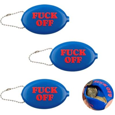 Fisura Set van 3 ovale rubberen portemonnees "F*CK Off" donkerblauw retro met ketting, kleine zakportemonnee, uniseks, cadeau Fisura Set van 3 ovale rubberen portemonnees "F*CK Off" donkerblauw retro met ketting, kleine zakportemonnee, uniseks, cadeau