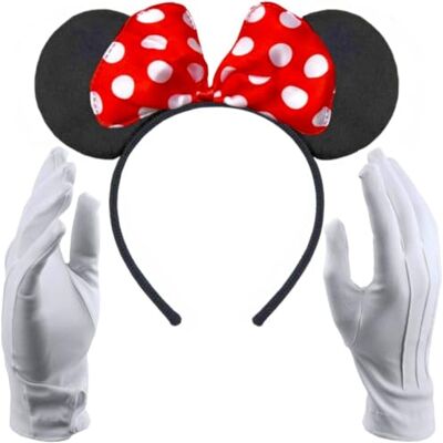 Hatstar Haarband met muisoren, zwart met rode strik + witte handschoenen, kostuumset voor volwassenen en kinderen, dames en meisjes, voor carnaval en carnaval Hatstar Haarband met muisoren, zwart met rode strik + witte handschoenen, kostuumset voor volwassenen en kinderen, dames en meisjes, voor carnaval en carnaval