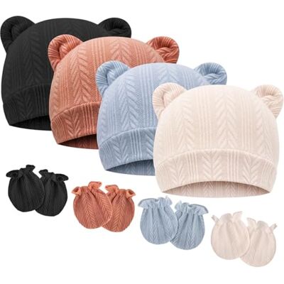 DRESHOW Babymutsen en wanten, beschermende wanten, pasgeborenen, peuters, zacht, schattig, gebreid, muts, 0-6 maanden, één maat, 4 sets: Bear Ears Hoeden & Mittens A09UK, Eén maat Eén maat DRESHOW Babymutsen en wanten, beschermende wanten, pasgeborenen, peuters, zacht, schattig, gebreid, muts, 0-6 maanden, één maat, 4 sets: Bear Ears Hoeden & Mittens A09UK, Eén maat Eén maat