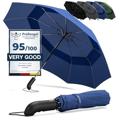 Wilford & Sons Compacte opvouwbare paraplu automatisch openen/sluiten knop en tas Windbestendig, onbreekbaar, robuust, klein, telescopisch, eenvoudig, waterdicht heren dames parasol reizen, blauw Double Canopy Wilford & Sons Compacte opvouwbare paraplu automatisch openen/sluiten knop en tas Windbestendig, onbreekbaar, robuust, klein, telescopisch, eenvoudig, waterdicht heren dames parasol reizen, blauw Double Canopy