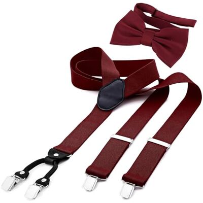 DonDon herenbretels in Y-vorm van 3,5 cm breed, elastisch en verstelbaar, in tweedelige set met bijpassende kleur strik 12 x 6 cm, Bordeauxrood, one size One Size DonDon herenbretels in Y-vorm van 3,5 cm breed, elastisch en verstelbaar, in tweedelige set met bijpassende kleur strik 12 x 6 cm, Bordeauxrood, one size One Size