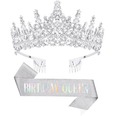 DRESHOW Verjaardagskroon en sjaal voor vrouwen, koninginnenkroon en diadeem van strass, tiara's en sjaals, verjaardag, meisjes, decoratie, haaraccessoires DRESHOW Verjaardagskroon en sjaal voor vrouwen, koninginnenkroon en diadeem van strass, tiara's en sjaals, verjaardag, meisjes, decoratie, haaraccessoires