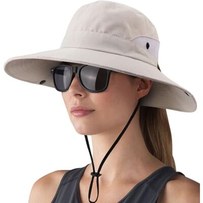 DRESHOW Vrouw Zonnehoed Outdoor UV Bescherming Hoed Opvouwbare Brede Rand Paardenvissen Staart Hoed UPF 50+ met Bril Eén maat DRESHOW Vrouw Zonnehoed Outdoor UV Bescherming Hoed Opvouwbare Brede Rand Paardenvissen Staart Hoed UPF 50+ met Bril Eén maat