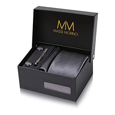 Massi Morino Stropdas set met manchetknopen, pochet en dasspeld – luxe stropdassen set voor heren in Geschenkdoos Mens tie set, Grijze streep, one size one size Massi Morino Stropdas set met manchetknopen, pochet en dasspeld – luxe stropdassen set voor heren in Geschenkdoos Mens tie set, Grijze streep, one size one size