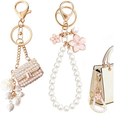 Wugauwor Parelsleutelhanger voor dames, set van 2 bloemenbedels en gouden clutch met soortgelijke kralen, sleutelhanger voor sleutels, tas, portemonnee, cadeau voor dames 15cm (5.9-inch) length Wugauwor Parelsleutelhanger voor dames, set van 2 bloemenbedels en gouden clutch met soortgelijke kralen, sleutelhanger voor sleutels, tas, portemonnee, cadeau voor dames 15cm (5.9-inch) length