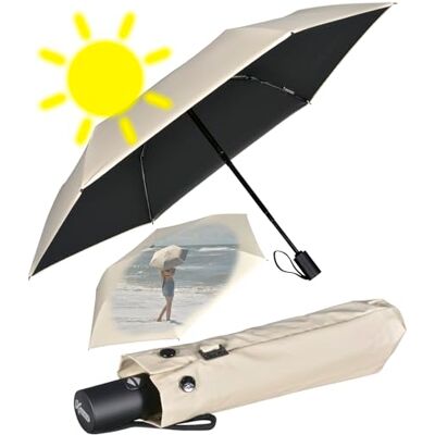 iX-brella Mini-paraplu met automatisch openen en sluiten met uv-bescherming en warmte, Beige-zwart, uv-bescherming en hittebescherming, Automatische zakparaplu iX-brella Mini-paraplu met automatisch openen en sluiten met uv-bescherming en warmte, Beige-zwart, uv-bescherming en hittebescherming, Automatische zakparaplu