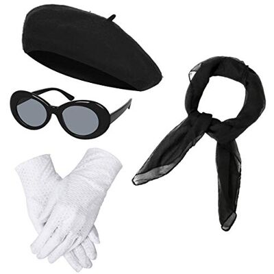 NUWIND Klassieke Franse baret uit de jaren 40, wollen baret, mutsen, sjaal, handschoenen, ovale retro zonnebril, zwart, één maat NUWIND Klassieke Franse baret uit de jaren 40, wollen baret, mutsen, sjaal, handschoenen, ovale retro zonnebril, zwart, één maat