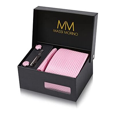 Massi Morino Stropdas set met manchetknopen, pochet en dasspeld – luxe stropdassen set voor heren in Geschenkdoos Mens tie set, Roze geruit, one size one size Massi Morino Stropdas set met manchetknopen, pochet en dasspeld – luxe stropdassen set voor heren in Geschenkdoos Mens tie set, Roze geruit, one size one size