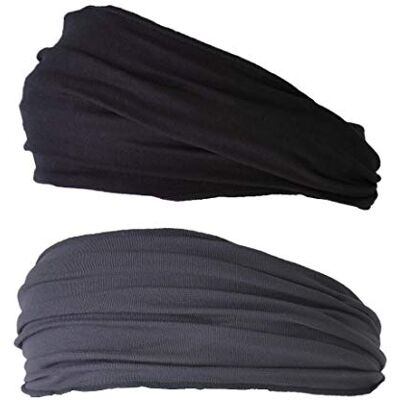 CHARM Elastische bandana voor heren, Japanse hoofdband, dames, lang haar, dreads, wikkeling, zwart, donkergrijs, 2 stuks CHARM Elastische bandana voor heren, Japanse hoofdband, dames, lang haar, dreads, wikkeling, zwart, donkergrijs, 2 stuks