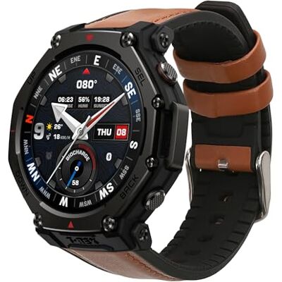 kwmobile Compatibel met Amazfit T-Rex 3, reservearmband van echt leer en siliconen, bruin/zwart kwmobile Compatibel met Amazfit T-Rex 3, reservearmband van echt leer en siliconen, bruin/zwart