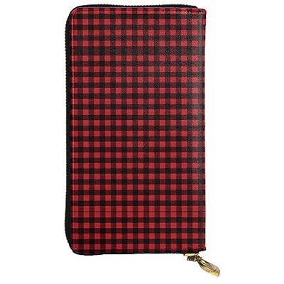 COMAAM Lange lederen portemonnee voor dames met pizza luiaard patroon voor creditcards, contant geld, munten, Rood en zwart ruitpatroon COMAAM Lange lederen portemonnee voor dames met pizza luiaard patroon voor creditcards, contant geld, munten, Rood en zwart ruitpatroon