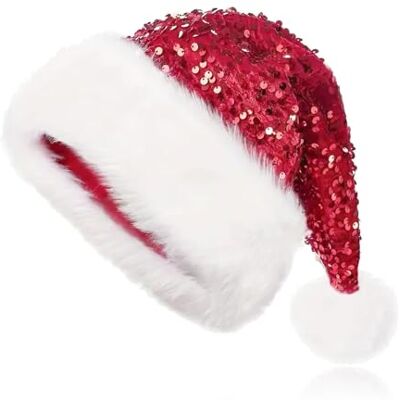BGCCWJ Kerstmuts met pailletten voor volwassenen, rode pluche kerstmuts voor kinderen, glanzende kerstmuts warme dikke bontrand voor kerstfeest, 45 x 35 cm BGCCWJ Kerstmuts met pailletten voor volwassenen, rode pluche kerstmuts voor kinderen, glanzende kerstmuts warme dikke bontrand voor kerstfeest, 45 x 35 cm