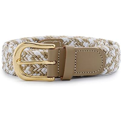 Streeze Rekbare riem voor heren/dames, 30 mm breed met goudkleurige metalen gesp, gevlochten elastische stof, 11 kleuren, maten S-3XL, Beige/witte mix M (taille 33"-36") Streeze Rekbare riem voor heren/dames, 30 mm breed met goudkleurige metalen gesp, gevlochten elastische stof, 11 kleuren, maten S-3XL, Beige/witte mix M (taille 33"-36")