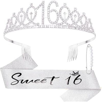 DRESHOW Kroon en sjaal voor de 16e verjaardag voor vrouwen, kroon en diadeem voor de 16e verjaardag voor meisjes, strass-tiara's, decoraties, haaraccessoires, sjaal Taille unique DRESHOW Kroon en sjaal voor de 16e verjaardag voor vrouwen, kroon en diadeem voor de 16e verjaardag voor meisjes, strass-tiara's, decoraties, haaraccessoires, sjaal Taille unique