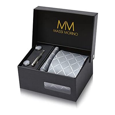 Massi Morino Stropdas set met manchetknopen, pochet en dasspeld – luxe stropdassen set voor heren in Geschenkdoos Mens tie set, Grijs vierkant., one size one size Massi Morino Stropdas set met manchetknopen, pochet en dasspeld – luxe stropdassen set voor heren in Geschenkdoos Mens tie set, Grijs vierkant., one size one size