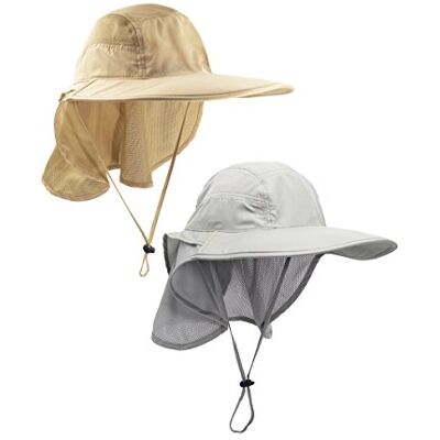 WANYING Hoed/Safari-pet, zonnehoed voor dames en heren, uv-bescherming, met 12 cm brede rand, nekbescherming, 2 stuks, lichtgrijs en lichtkaki, 56-62 56-62 WANYING Hoed/Safari-pet, zonnehoed voor dames en heren, uv-bescherming, met 12 cm brede rand, nekbescherming, 2 stuks, lichtgrijs en lichtkaki, 56-62 56-62